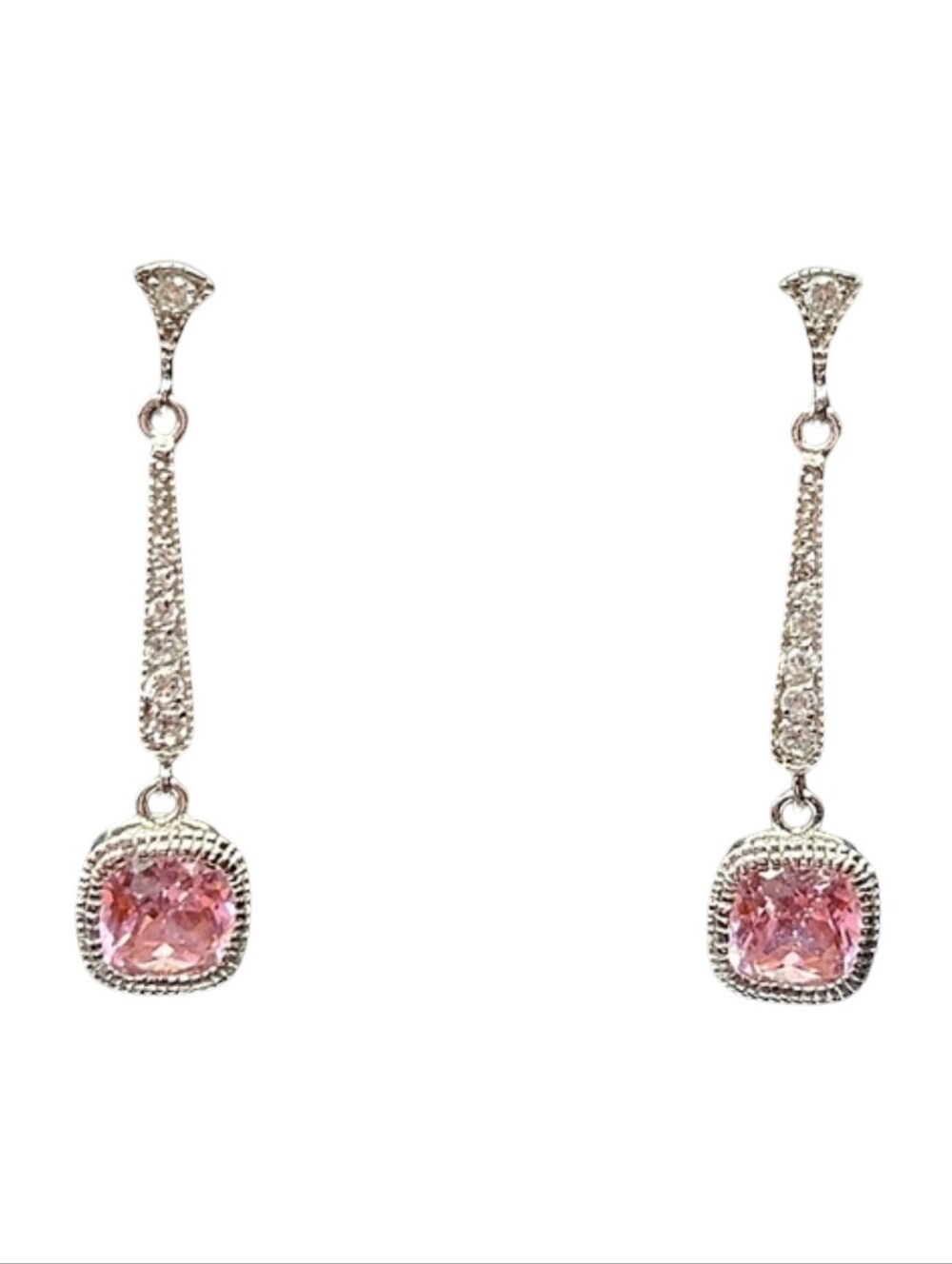 Vintage Signed LL 925 Sterling Silver Pink CZ Drop Earrings 6.1g 1.5”